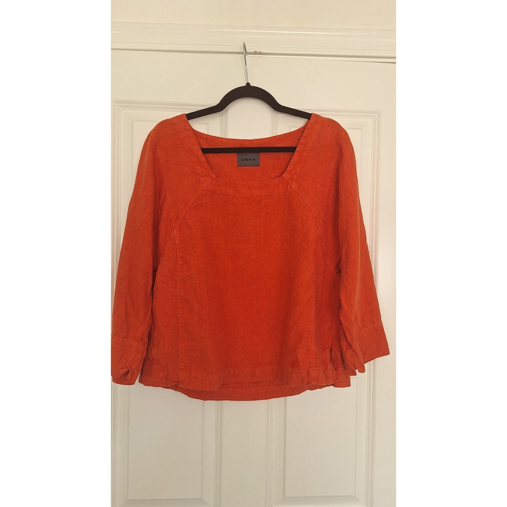 Oska Orange 100% Linen Square Neck Boxy Blouse Lagenlook Top Size 2